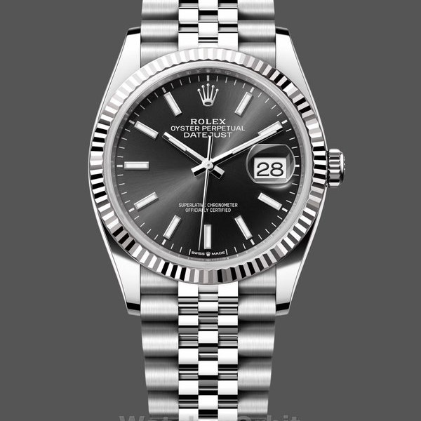 Replique Rolex Datejust 36mm Unisex-126234-Monture cannelée-Cadran index noir Noir