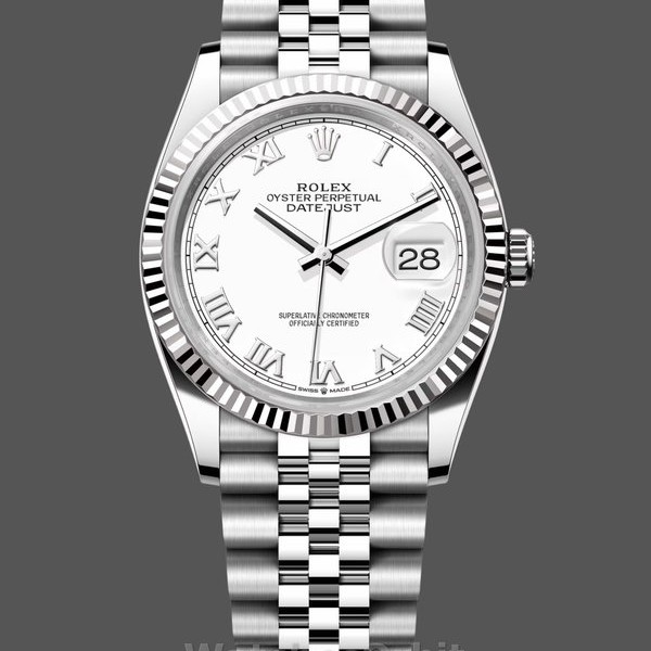 Replique Rolex Datejust 36mm Unisex-126234-Monture cannelée-Cadran romain blanc Blanc