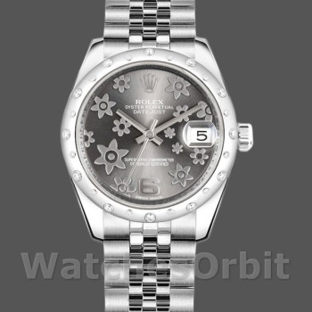 Replique Rolex Datejust 31mm Femmes-178344-Rhodium Gris Cadran Motif Floral Gris