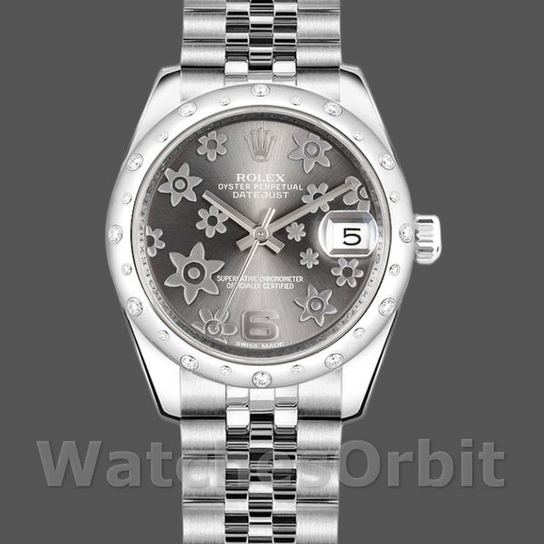 Replique Rolex Datejust 31mm Femmes-178344-Rhodium Gris Cadran Motif Floral Gris