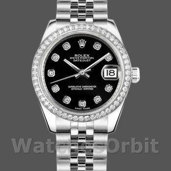 Replique Rolex Datejust 31mm Femmes-178384-Cadran diamant noir-lunette diamant noir<br />