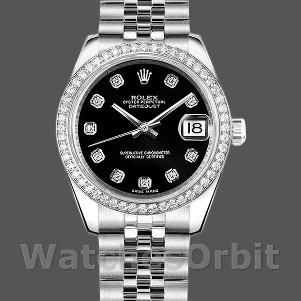 Replique Rolex Datejust 31mm Femmes-178384-Cadran diamant noir-lunette diamant noir<br />
