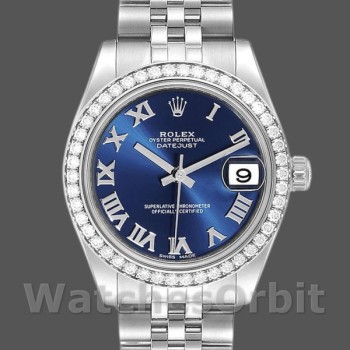 Replique Rolex Datejust 31mm Femmes-178384-Cadran romain bleu-acier inoxydable Bleu