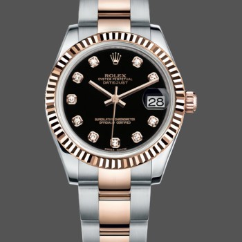 Replique Rolex Datejust-179171 pour femme, 26mm, cadran noir diamanté, lunette cannelée, Lady Black
