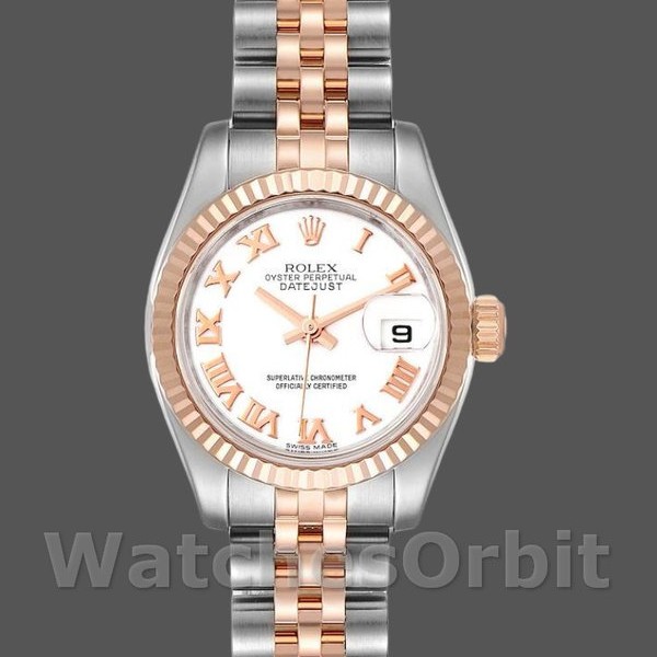 Replique Rolex Datejust-179171 pour femme, 26 mm, cadran chiffres romains blancs, lunette cannelée, Lady White