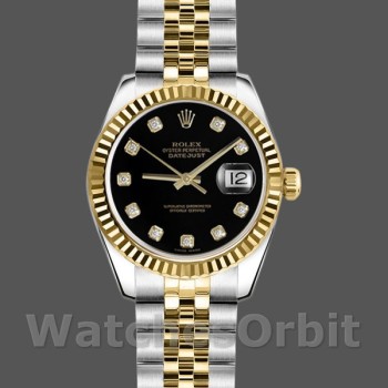 Replique Rolex Datejust-179173, 26mm, cadran diamant noir, lunette cannelée, Lady Black pour femme