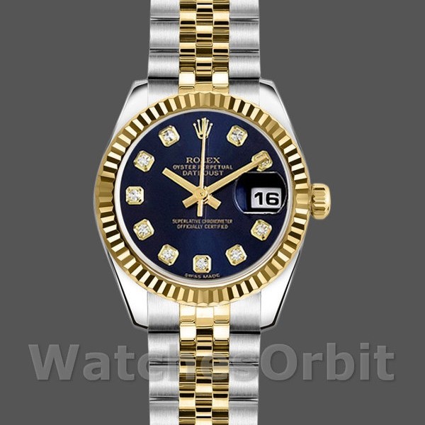 Replique Rolex Datejust-179173, 26mm, cadran bleu diamant, lunette cannelée, Lady Blue, pour femme