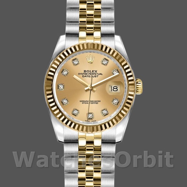 Replique Rolex Datejust-179173, 26mm, cadran diamant champagne, lunette cannelée, Lady Champagne pour femme