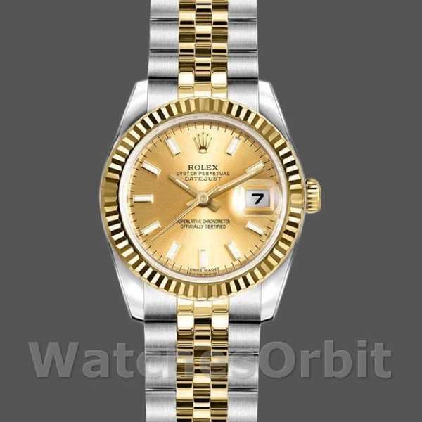 Replique Rolex Datejust-179173, 26mm, cadran index champagne, lunette cannelée, Lady Champagne pour femme