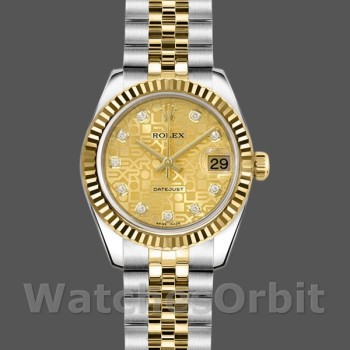 Replique Rolex Datejust-179173, 26mm, Jubilee Champagne Cadran diamant, lunette cannelée, Lady Champagne pour femme