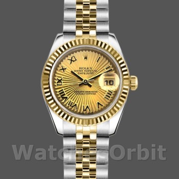 Replique Rolex Datejust-179173, 26mm, cadran champagne Sunbeam, lunette cannelée, Lady Champagne pour femme