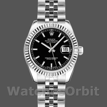 Replique Rolex Datejust-179174 pour femme, 26mm, cadran index noir, lunette cannelée, Lady Black