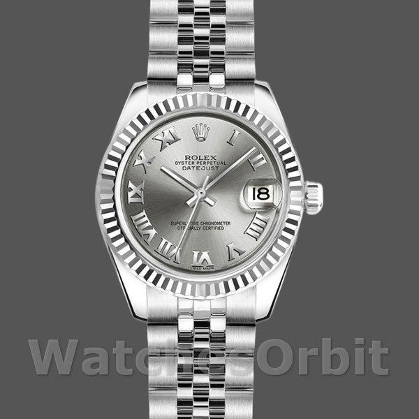 Replique Rolex Datejust-179174 pour femme, 26mm, cadran gris rhodium, lunette cannelée, Lady gris rhodium