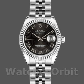 Replique Rolex Datejust-179174 pour femme, 26 mm, cadran romain noir Sunbeam, lunette cannelée, Lady Black