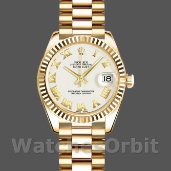 Replique Rolex Datejust-179178 pour femme, 26 mm, or jaune, cadran romain blanc, Lady White