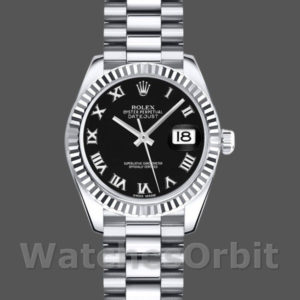 Replique Rolex Datejust-179179 pour femme, 26 mm, cadran noir à chiffres romains, lunette cannelée, Lady Black