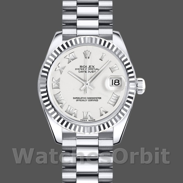 Replique Rolex Datejust-179179 pour femme, 26 mm, cadran chiffres romains blancs, lunette cannelée, Lady White