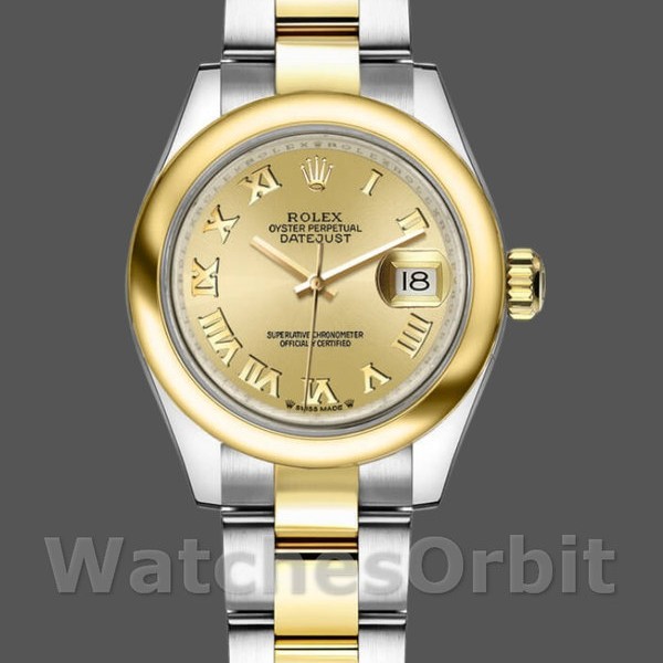 Replique Rolex Datejust-279163, 28mm, Champagne, cadran chiffres romains, lunette bombée, Lady Champagne pour femme