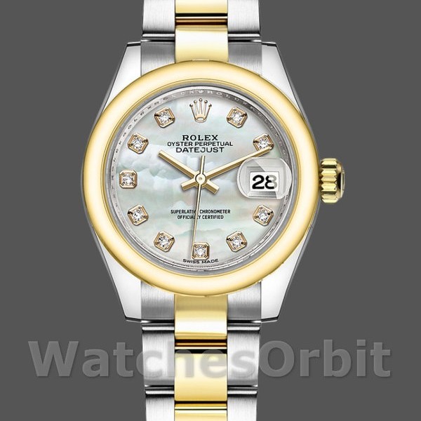 Replique Rolex Datejust-279163, 28mm, nacre, cadran diamant, lunette bombée, Lady MOP pour femme