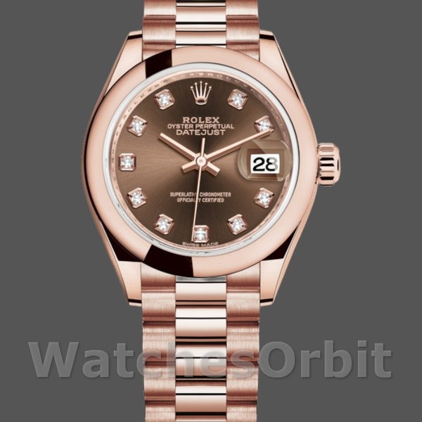 Replique Rolex Datejust-279165 pour femme, 28mm, cadran brun chocolat, lunette bombée à diamants, Lady Chocolate Brown
