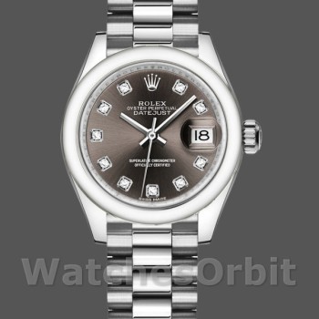 Replique Rolex Datejust-279166, 28mm, cadran diamant gris foncé, lunette bombée, Lady Dark Grey pour femme