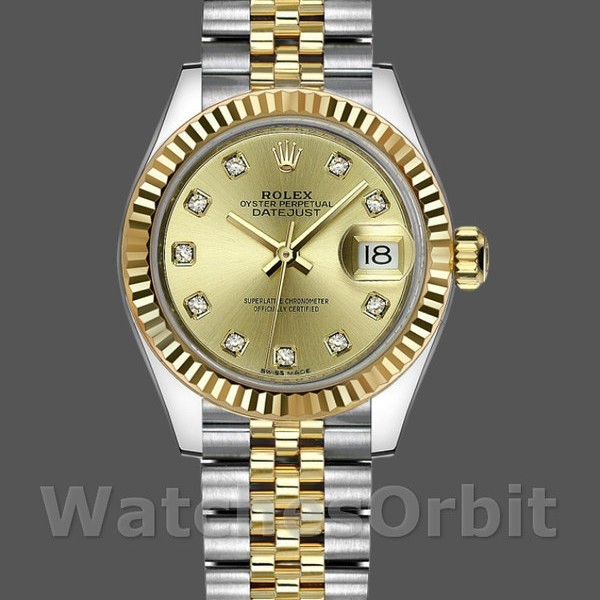 Replique Rolex Datejust-279173, 28mm, cadran diamant champagne, lunette cannelée, Lady Champagne pour femme