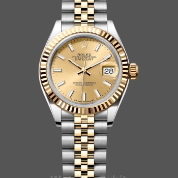 Replique Rolex Datejust-279173, 28mm, cadran index champagne, lunette cannelée, Lady Champagne pour femme