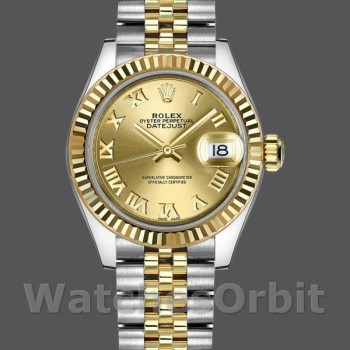 Replique Rolex Datejust-279173, 28mm, Champagne, cadran chiffres romains, lunette cannelée, Lady Champagne pour femme