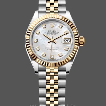 Replique Rolex Datejust-279173, 28mm, nacre, cadran diamant, lunette cannelée, Lady MOP pour femme