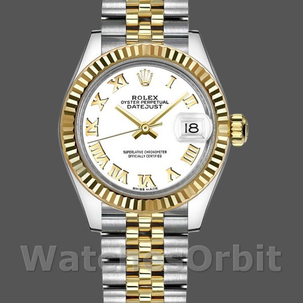 Replique Rolex Datejust-279173 pour femme, 28mm, cadran chiffres romains blancs, lunette cannelée, Lady White