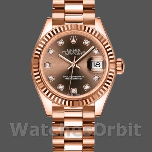 Replique Rolex Datejust-279175, 28mm, chocolat, cadran en diamants, lunette cannelée, Lady Chocolate pour femme