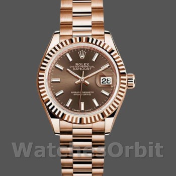 Replique Rolex Datejust-279175 pour femme, 28mm, cadran index chocolat, lunette cannelée, Lady Chocolate