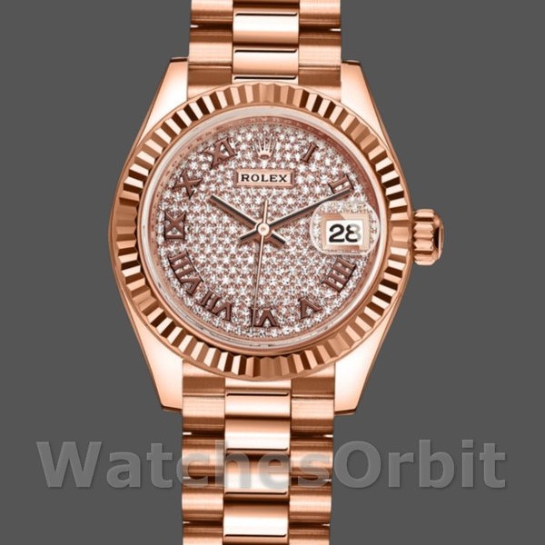 Replique Rolex Datejust-279175, 28mm, cadran pavé de diamants, lunette cannelée, Lady pavée de diamants, pour femme