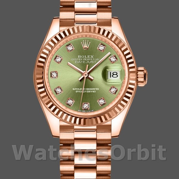 Replique Rolex Datejust-279175, 28mm, Vert olive, cadran diamanté, lunette cannelée, Lady Olive Green pour femme