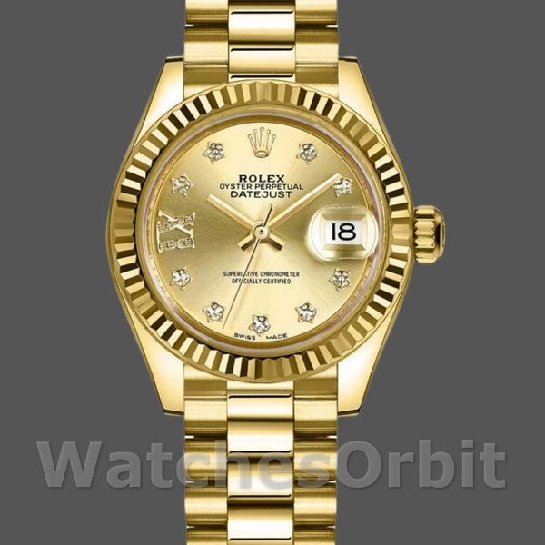 Replique Rolex Datejust-279178, 28mm, cadran diamant champagne, lunette cannelée, Lady Champagne pour femme