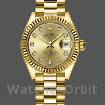 Replique Rolex Datejust 279178-28mm, cadran champagne, lunette cannelée, Lady Champagne pour femme