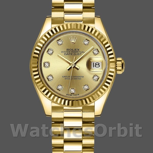 Replique Rolex Datejust 279178-28mm, cadran champagne, lunette cannelée, Lady Champagne pour femme