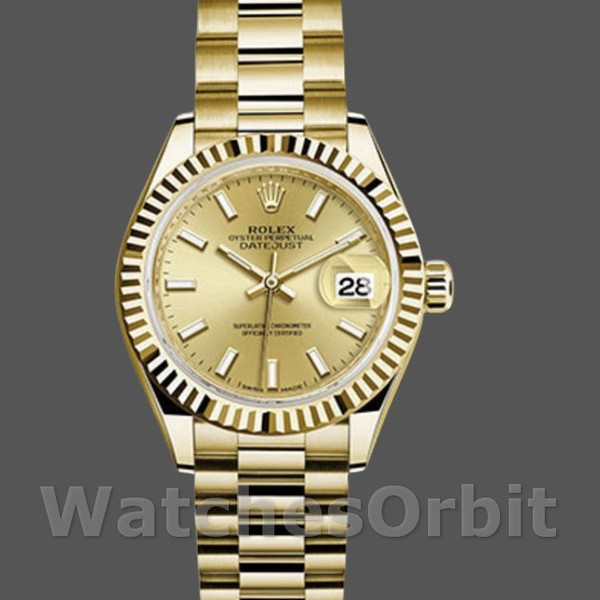 Replique Rolex Datejust 279178-28mm, cadran index champagne, lunette cannelée, Lady Champagne pour femme
