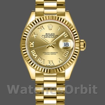 Replique Rolex Datejust 279178-28mm, cadran romain champagne, lunette cannelée, Lady Champagne pour femme
