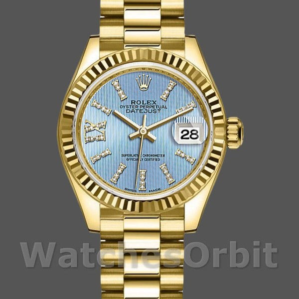 Replique Rolex Datejust 279178-28mm, cadran bleu corail, lunette cannelée, Lady Cornflower Blue pour femme