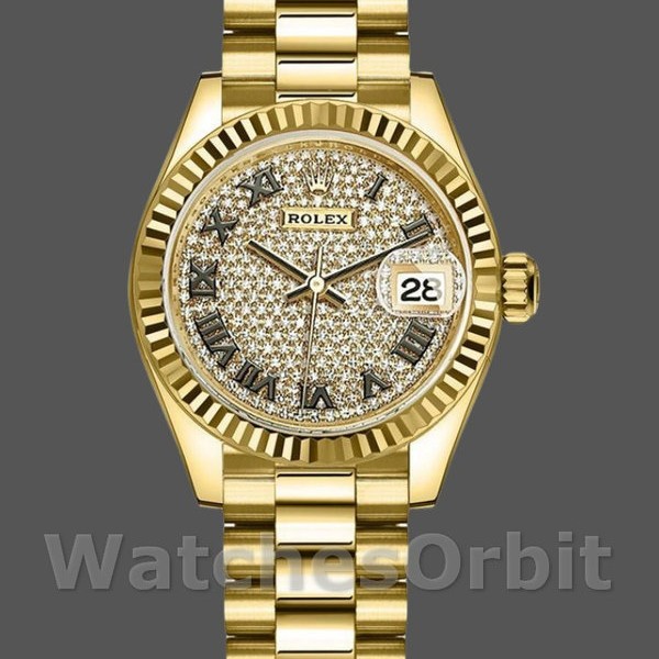 Replique Rolex Datejust-279178, 28mm, or jaune, cadran pavé de diamants, lunette cannelée, Lady pavé de diamants, pour femme