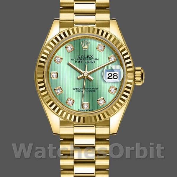 Replique Rolex Datejust 279178-28mm, vert menthe, cadran diamant, lunette cannelée, Lady Mint Green pour femme