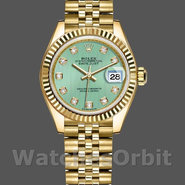 Replique Rolex Datejust-279178 pour femme, 28 mm, or jaune, cadran vert menthe avec diamants, Lady Mint Green