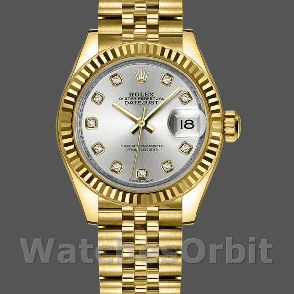 Replique Rolex Datejust 279178-28mm, or jaune, cadran argenté à diamants, Lady Silver pour femme