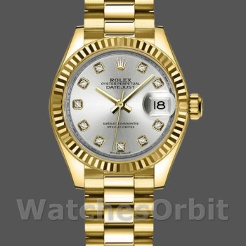 Replique Rolex Datejust-279178 pour femme, 28 mm, or jaune, cadran argenté avec marques de diamants, lunette cannelée, Lady Silver