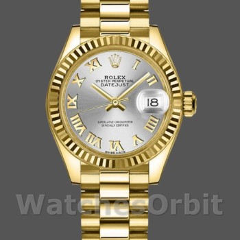 Replique Rolex Datejust-279178 pour femme, 28 mm, or jaune, cadran romain argenté, lunette cannelée, Lady Silver