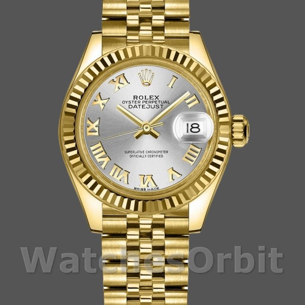 Replique Rolex Datejust-279178 pour femme, 28 mm, or jaune, cadran romain argenté, Lady Silver