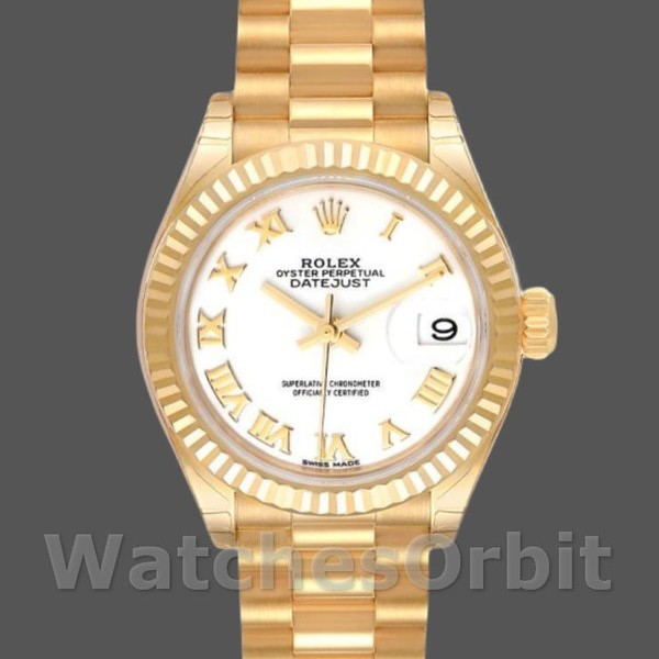 Replique Rolex Datejust-279178 pour femme, 28 mm, or jaune, cadran romain blanc, lunette cannelée, Lady White