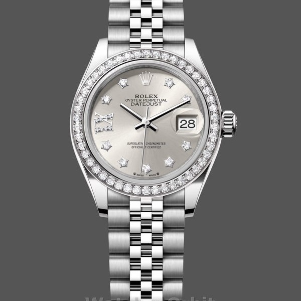 Replique Rolex Datejust 28-m279384RBR pour femme, Cadran argenté, Lunette diamantée, Cadran argenté pour femme