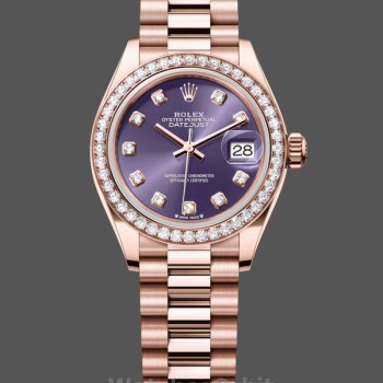 Replique Rolex Datejust 28-m279135rbr 0020 pour femme, or Everose, cadran aubergine diamant, President, cadran violet pour femme